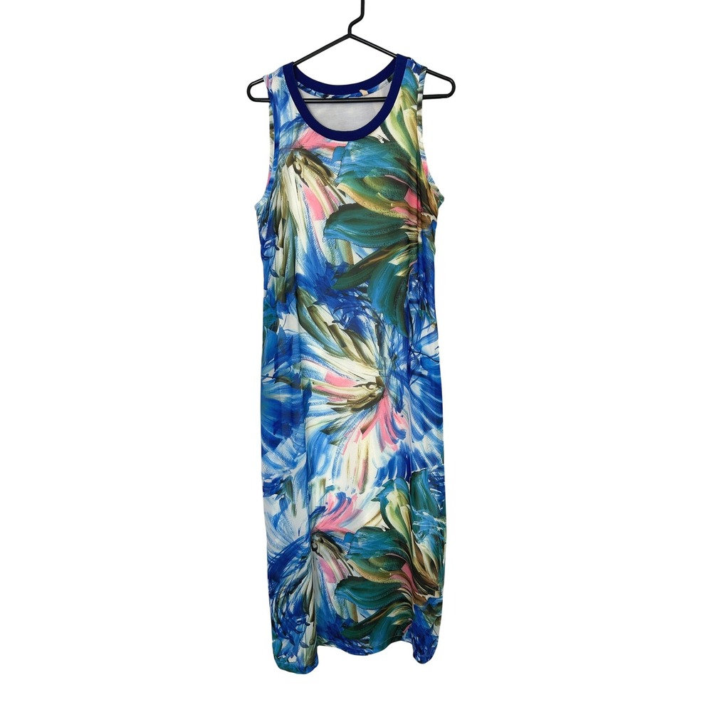 Soft Surroundings Maxi Dress Women S Blue Abstract Floral Tank Vacation Resort